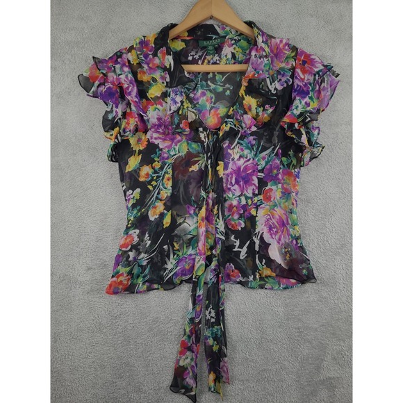 LAUREN Ralph Lauren Petite Floral Silk Ruffle Pussybow Blouse Top P/M - Picture 2 of 8